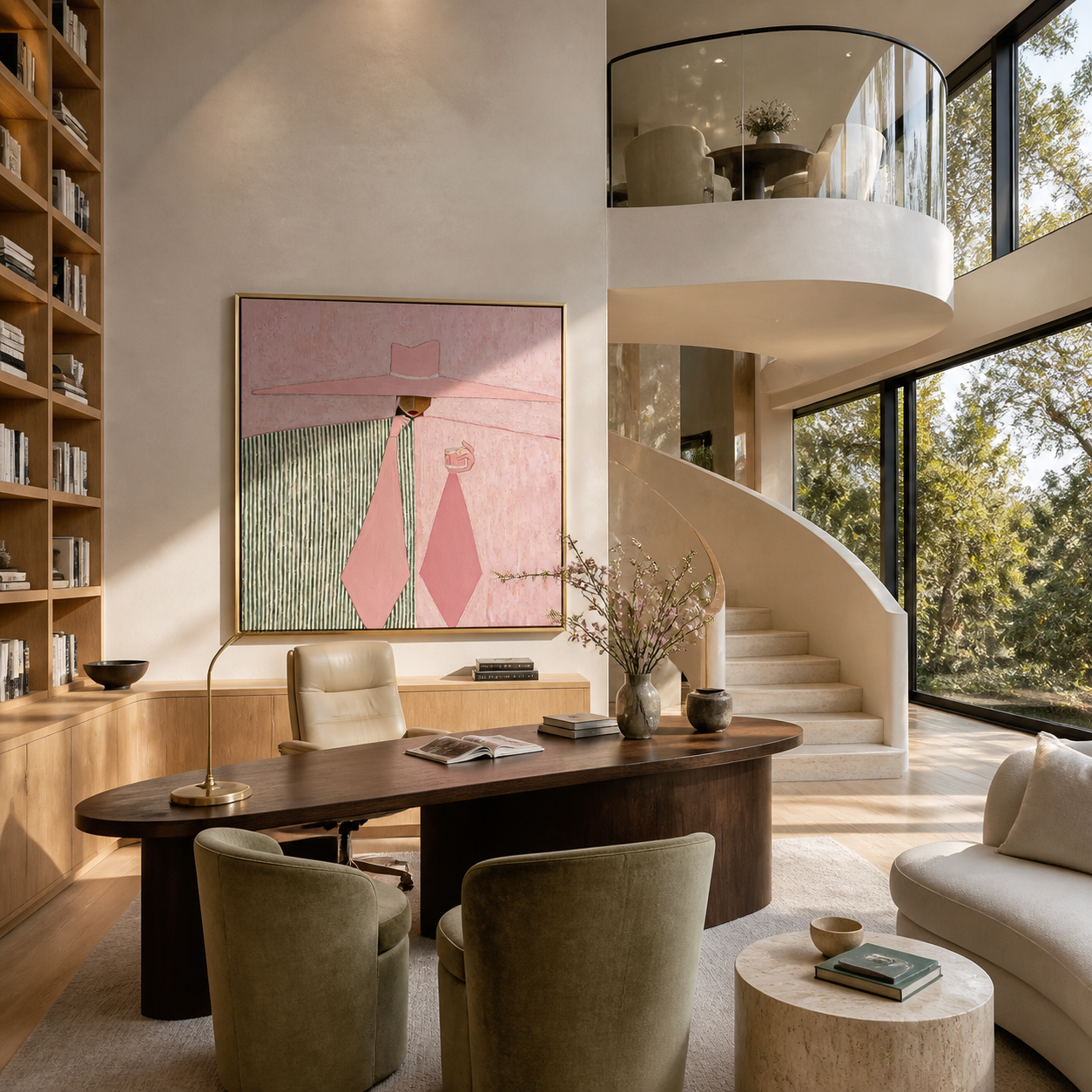 Pink Geometry Pours the Coffee - pink hat woman painting by Marcus Lau, retro modern square wall art – styled room scene view 3
