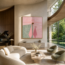 Pink Geometry Pours the Coffee - pink hat woman painting by Marcus Lau, retro modern square wall art – styled room scene view 4