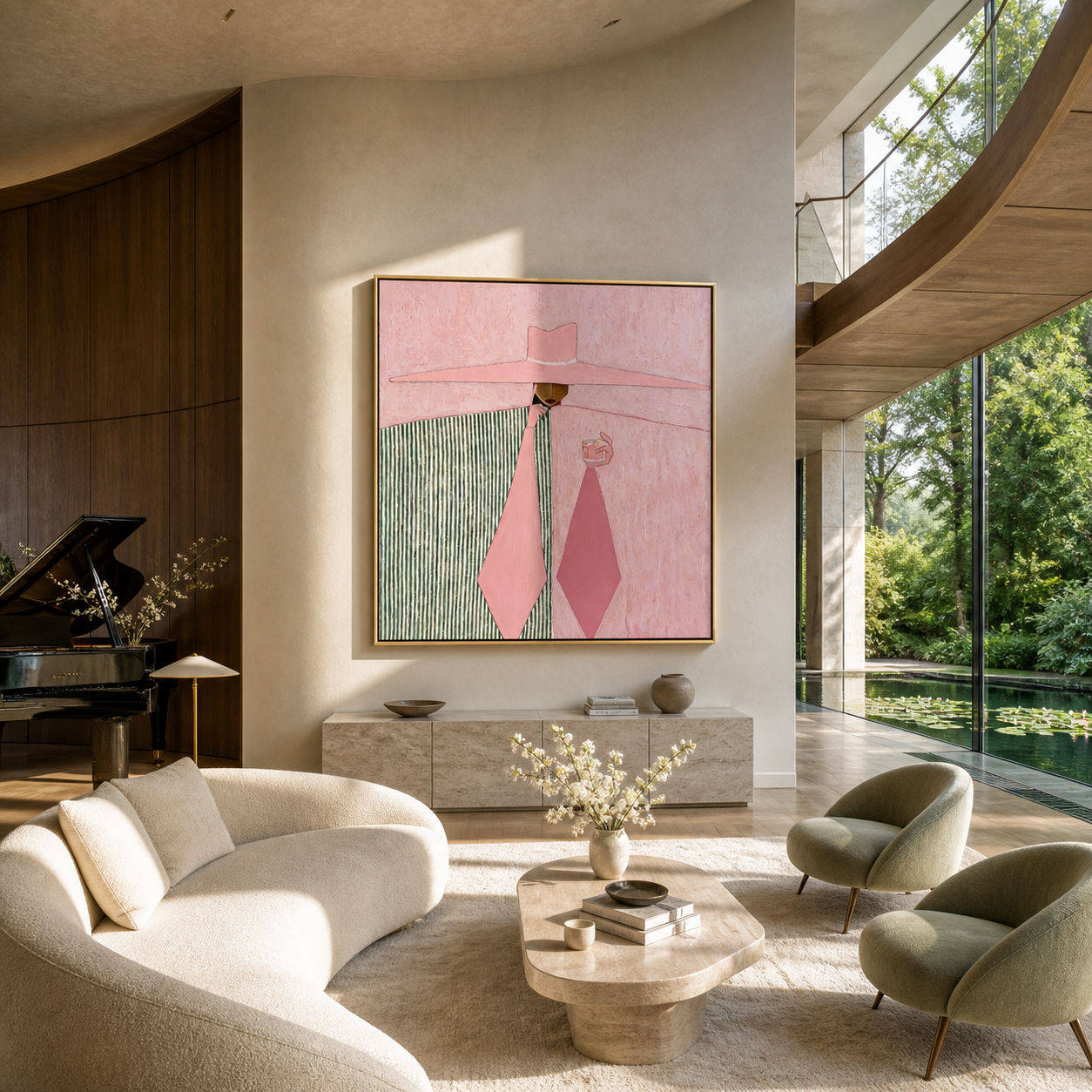 Pink Geometry Pours the Coffee - pink hat woman painting by Marcus Lau, retro modern square wall art – styled room scene view 4