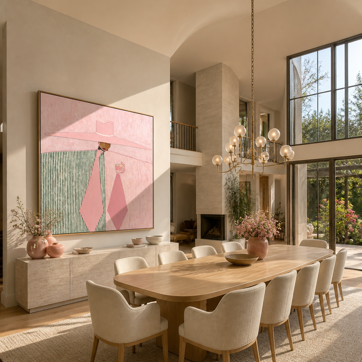 Pink Geometry Pours the Coffee - pink hat woman painting by Marcus Lau, retro modern square wall art – styled room scene view 5