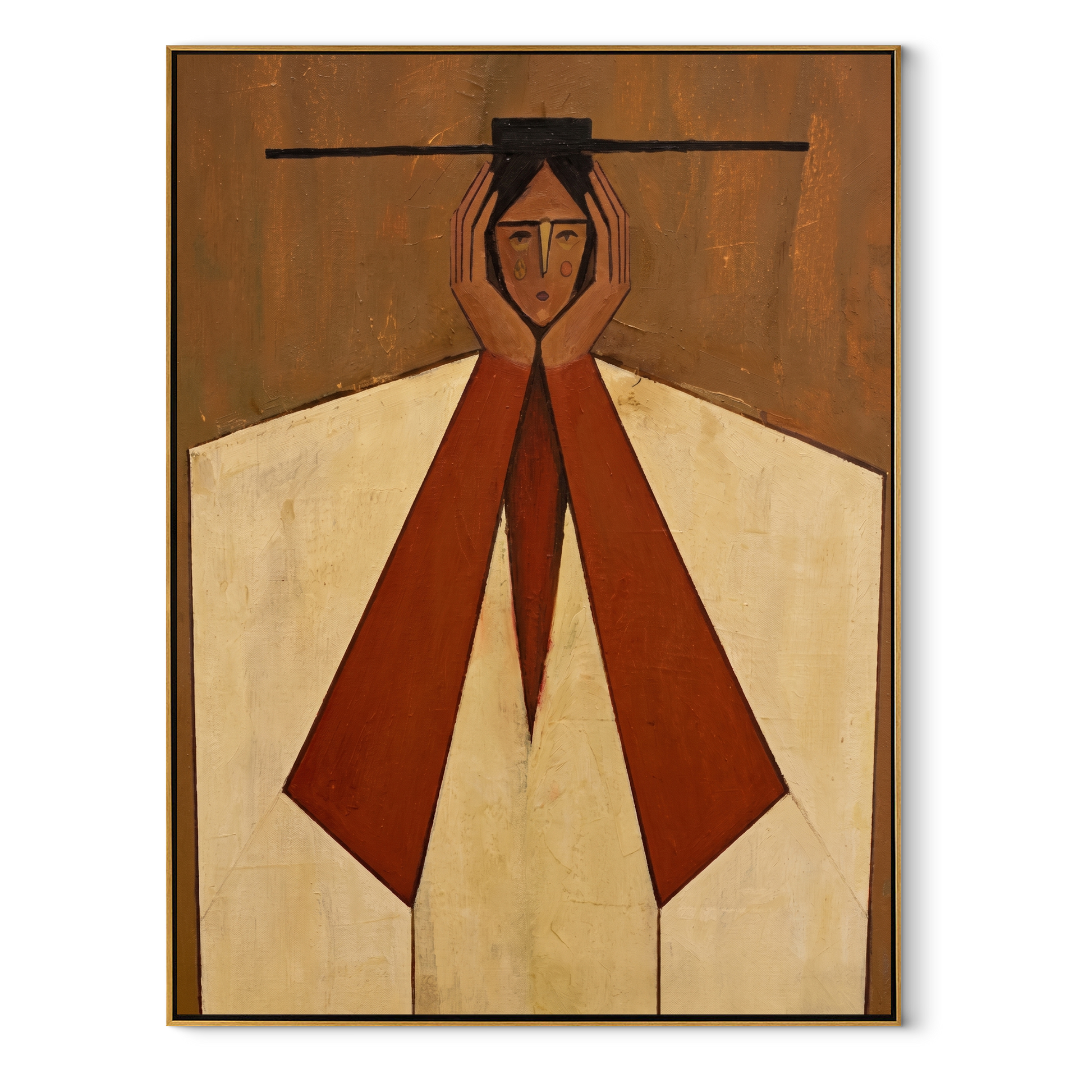 Rust Sleeves Hold the Quiet Face - geometric woman portrait by Marcus Lau, retro modern vertical wall art – wood frame on white background
