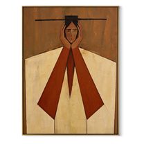 Rust Sleeves Hold the Quiet Face - geometric woman portrait by Marcus Lau, retro modern vertical wall art – wood frame on white background