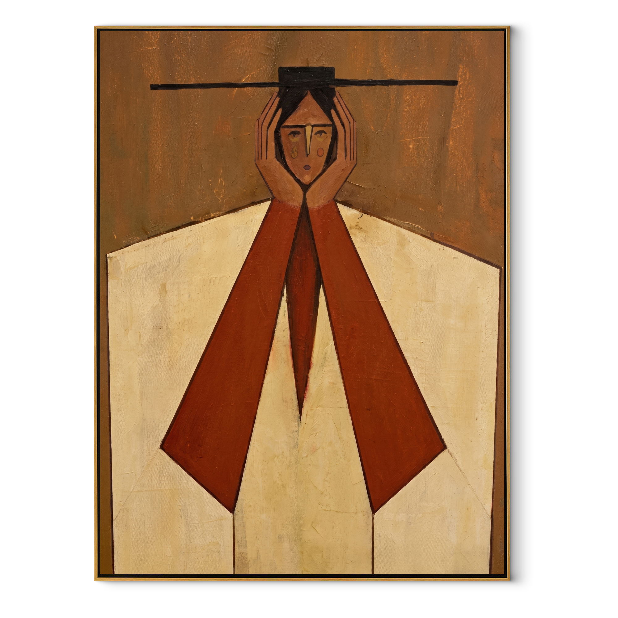 Rust Sleeves Hold the Quiet Face - geometric woman portrait by Marcus Lau, retro modern vertical wall art – wood frame on white background
