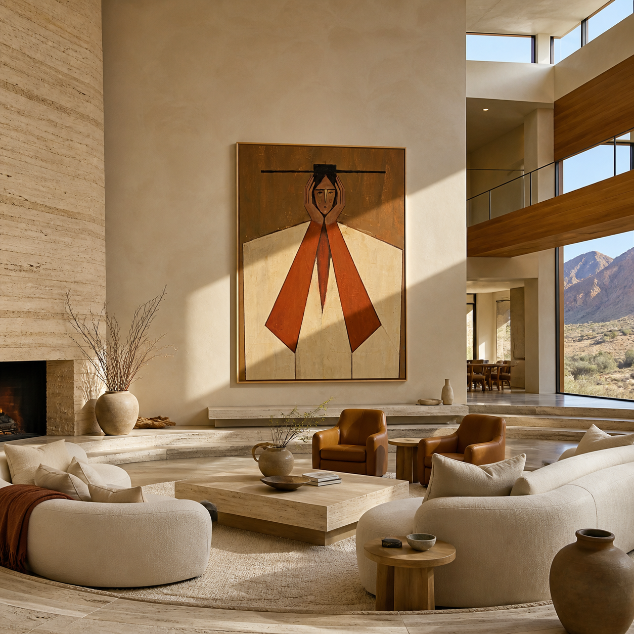 Rust Sleeves Hold the Quiet Face - geometric woman portrait by Marcus Lau, retro modern vertical wall art – styled room scene view 2