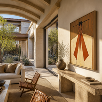 Rust Sleeves Hold the Quiet Face - geometric woman portrait by Marcus Lau, retro modern vertical wall art – styled room scene view 3
