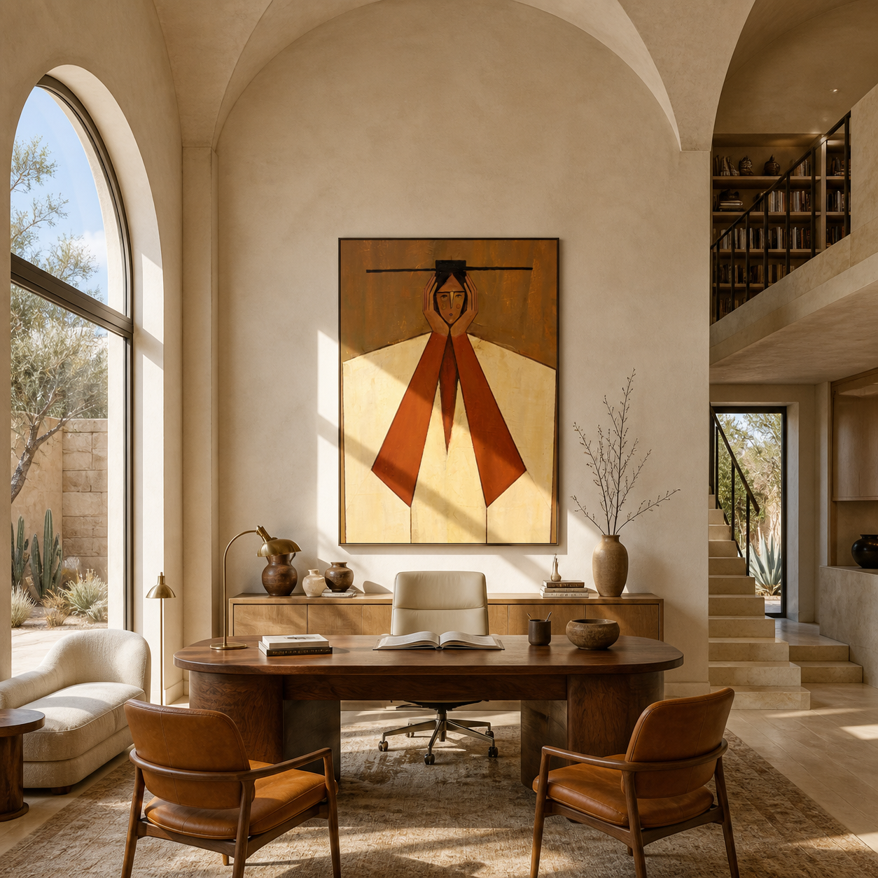 Rust Sleeves Hold the Quiet Face - geometric woman portrait by Marcus Lau, retro modern vertical wall art – styled room scene view 4