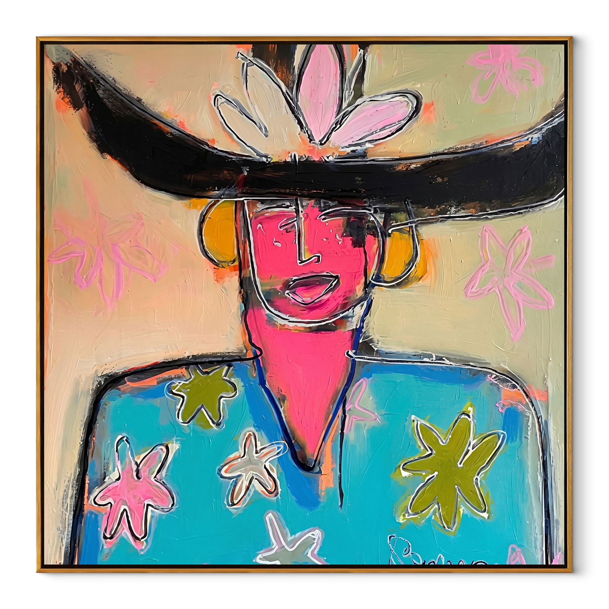 Flowers Bloom beneath the Black Brim - colorful fashion portrait by Marcus Lau, retro modern square wall art – wood frame on white background