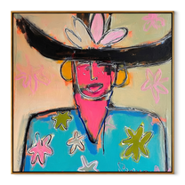 Flowers Bloom beneath the Black Brim - colorful fashion portrait by Marcus Lau, retro modern square wall art – wood frame on white background
