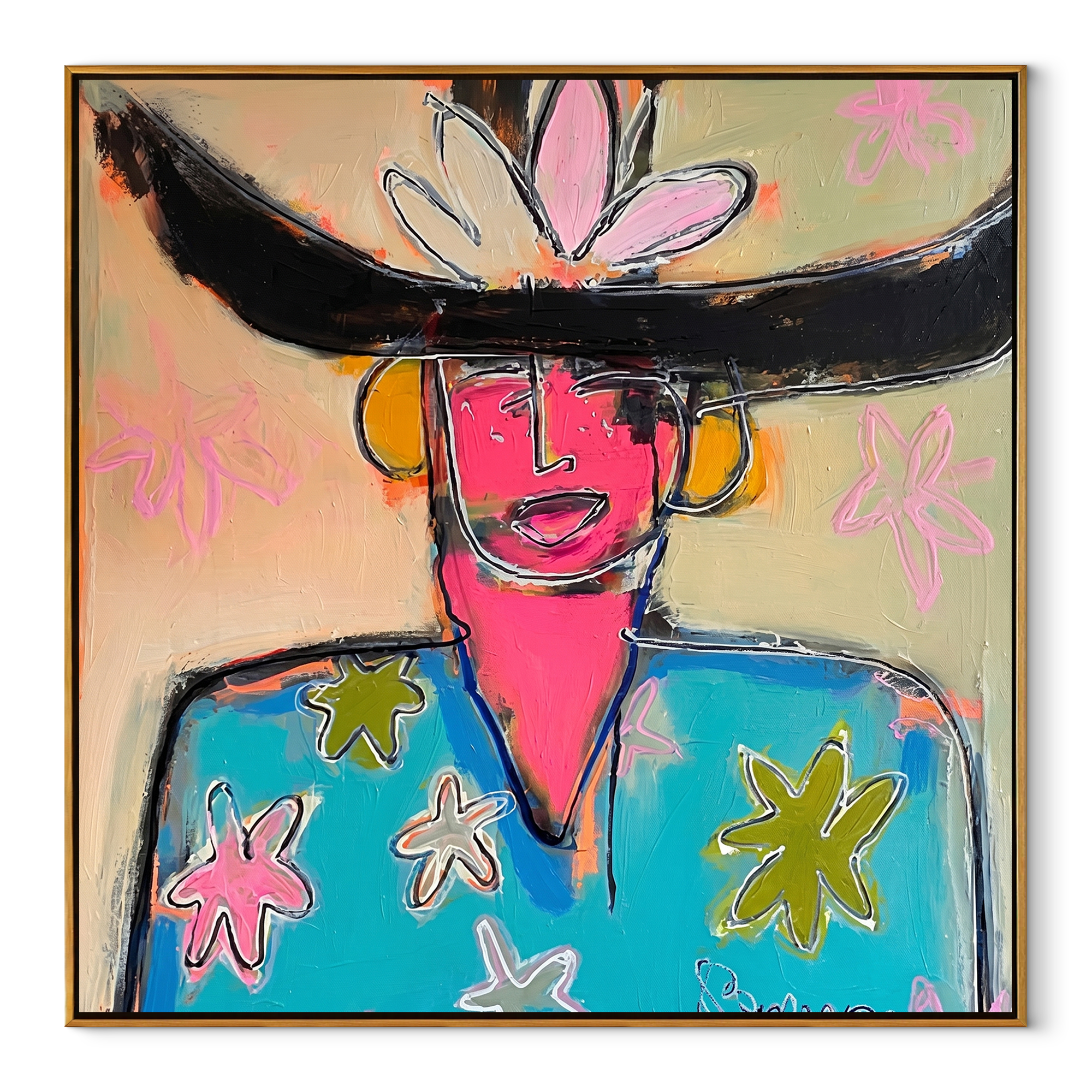 Flowers Bloom beneath the Black Brim - colorful fashion portrait by Marcus Lau, retro modern square wall art – wood frame on white background
