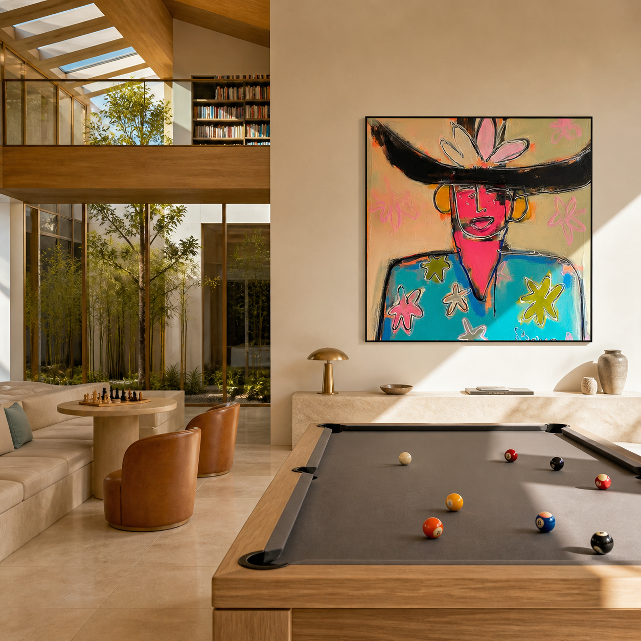 Flowers Bloom beneath the Black Brim - colorful fashion portrait by Marcus Lau, retro modern square wall art – styled room scene view 2