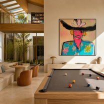 Flowers Bloom beneath the Black Brim - colorful fashion portrait by Marcus Lau, retro modern square wall art – styled room scene view 2
