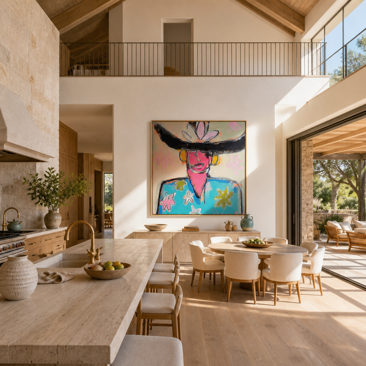 Flowers Bloom beneath the Black Brim - colorful fashion portrait by Marcus Lau, retro modern square wall art – styled room scene view 3