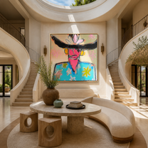 Flowers Bloom beneath the Black Brim - colorful fashion portrait by Marcus Lau, retro modern square wall art – styled room scene view 4