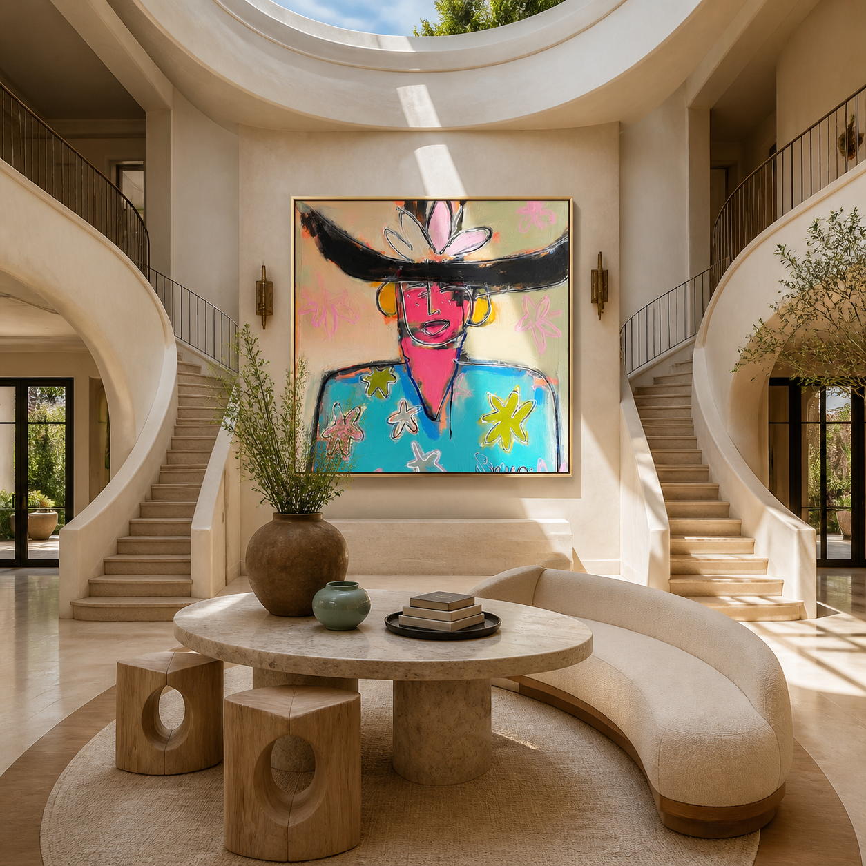 Flowers Bloom beneath the Black Brim - colorful fashion portrait by Marcus Lau, retro modern square wall art – styled room scene view 4