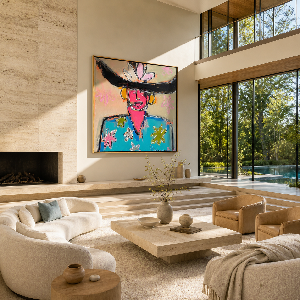 Flowers Bloom beneath the Black Brim - colorful fashion portrait by Marcus Lau, retro modern square wall art – styled room scene view 5