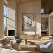 Blue Linen Waits among the Cacti - desert fashion figure painting by Marcus Lau, retro modern vertical wall art – styled room scene view 1