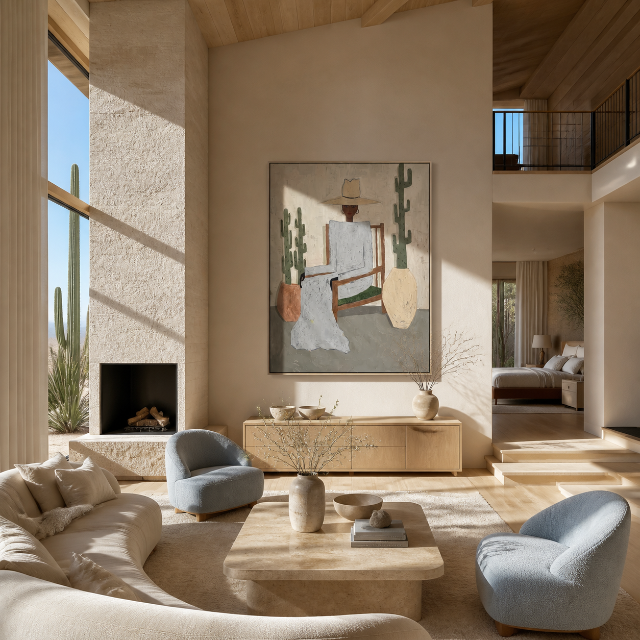Blue Linen Waits among the Cacti - desert fashion figure painting by Marcus Lau, retro modern vertical wall art – styled room scene view 1