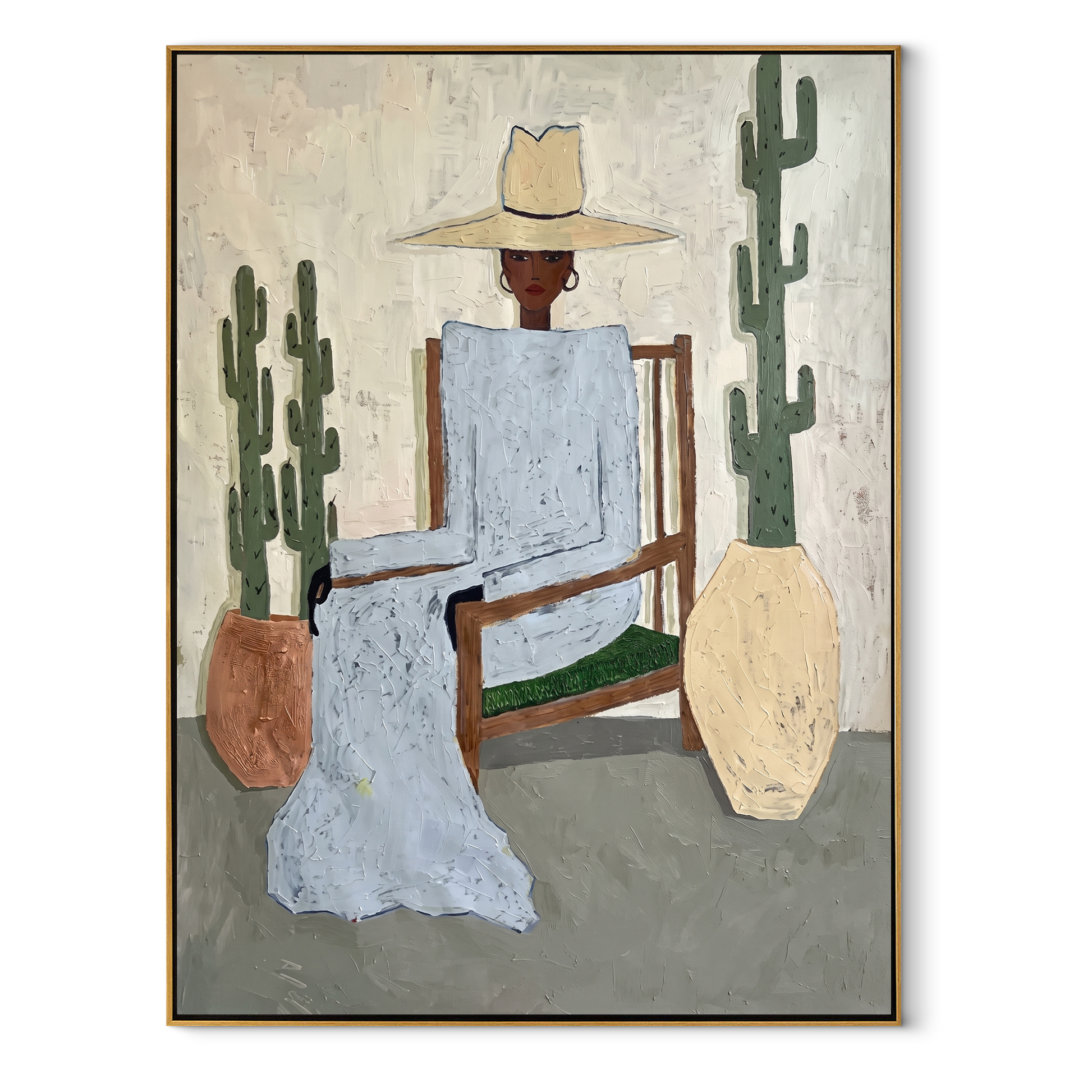 Blue Linen Waits among the Cacti - desert fashion figure painting by Marcus Lau, retro modern vertical wall art – wood frame on white background