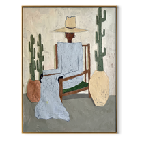 Blue Linen Waits among the Cacti - desert fashion figure painting by Marcus Lau, retro modern vertical wall art – wood frame on white background