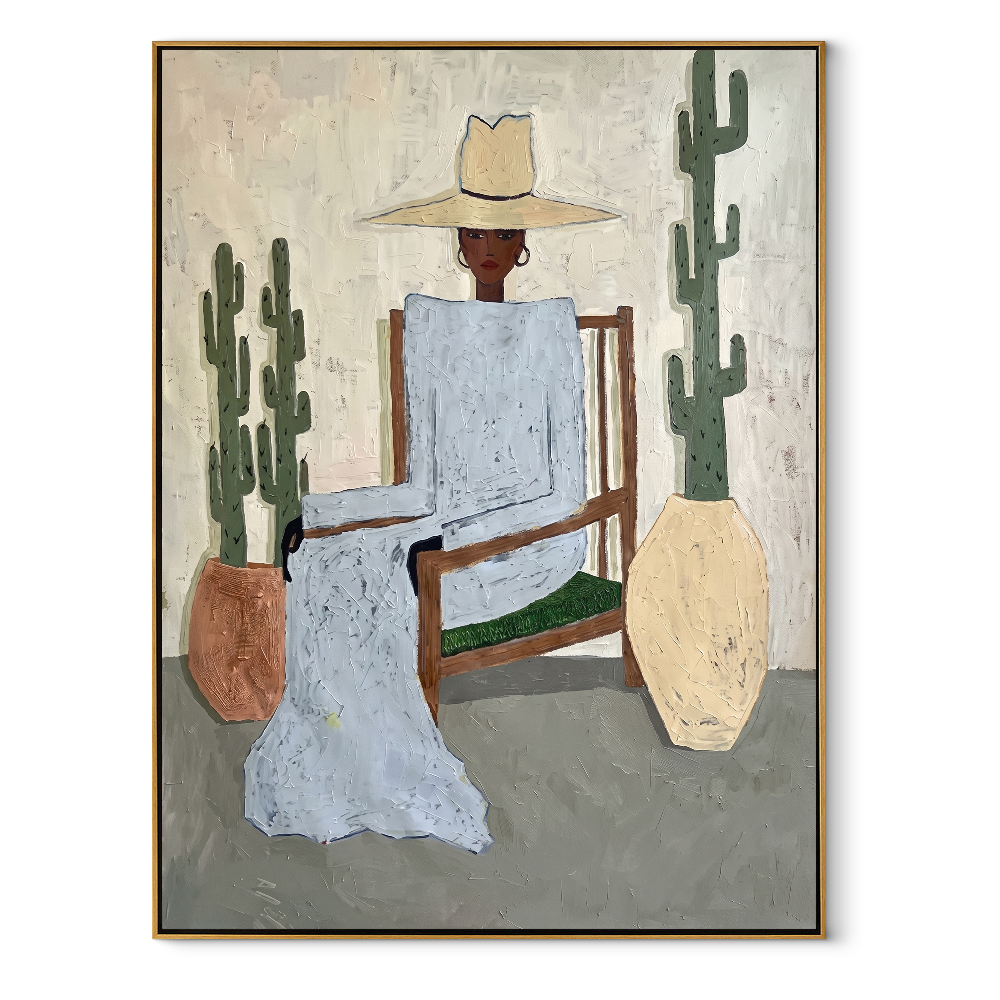 Blue Linen Waits among the Cacti - desert fashion figure painting by Marcus Lau, retro modern vertical wall art – wood frame on white background