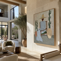 Blue Linen Waits among the Cacti - desert fashion figure painting by Marcus Lau, retro modern vertical wall art – styled room scene view 2