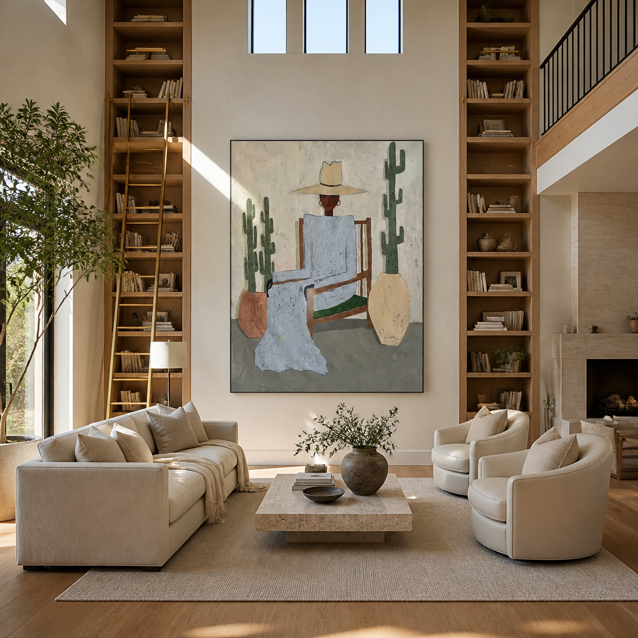 Blue Linen Waits among the Cacti - desert fashion figure painting by Marcus Lau, retro modern vertical wall art – styled room scene view 3