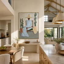Blue Linen Waits among the Cacti - desert fashion figure painting by Marcus Lau, retro modern vertical wall art – styled room scene view 4