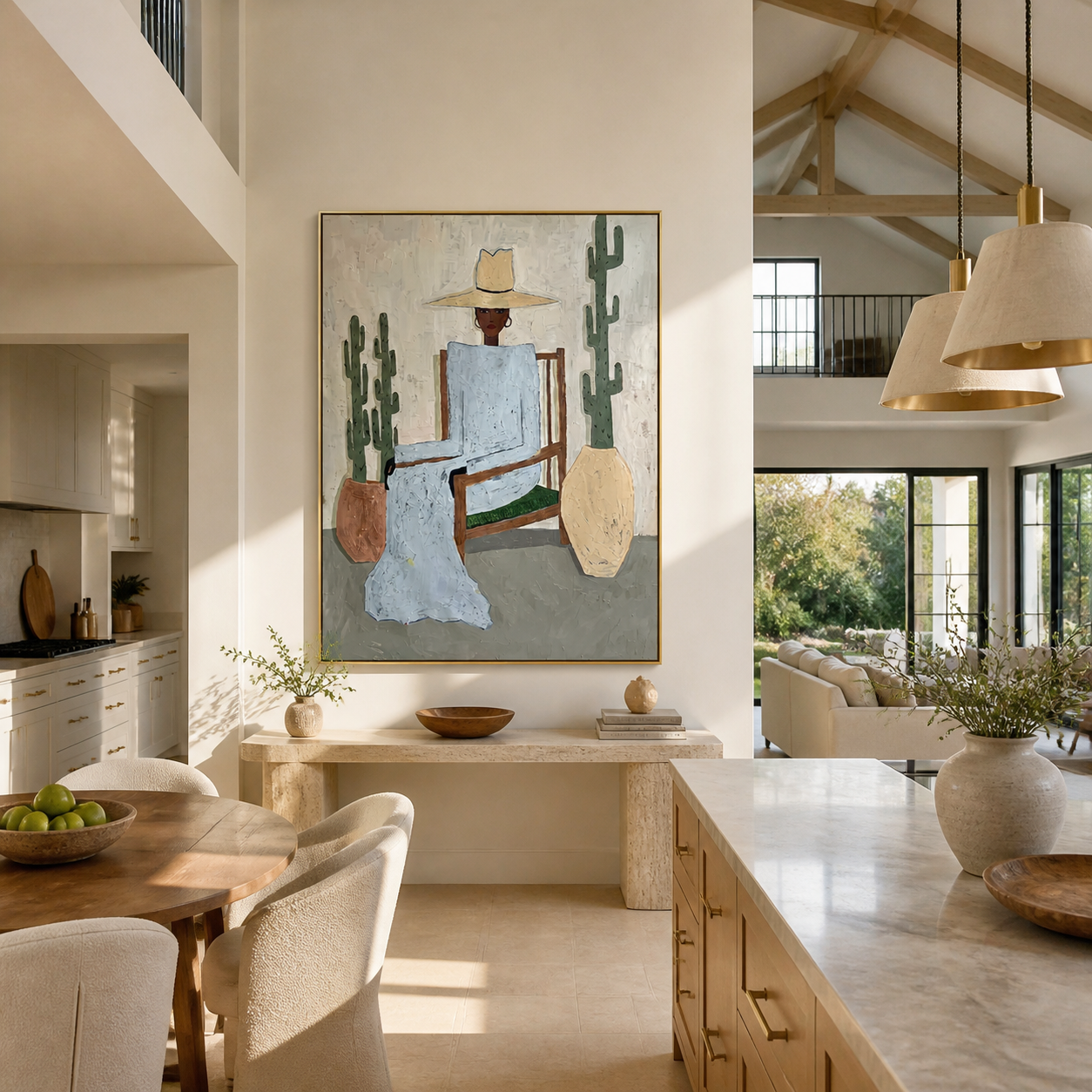 Blue Linen Waits among the Cacti - desert fashion figure painting by Marcus Lau, retro modern vertical wall art – styled room scene view 4