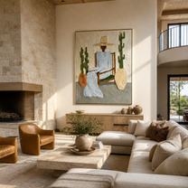 Blue Linen Waits among the Cacti - desert fashion figure painting by Marcus Lau, retro modern vertical wall art – styled room scene view 5
