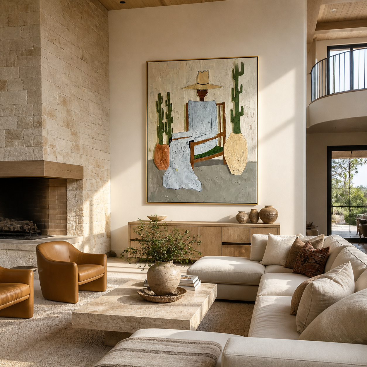 Blue Linen Waits among the Cacti - desert fashion figure painting by Marcus Lau, retro modern vertical wall art – styled room scene view 5