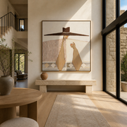 The Long Brown Brim Holds a Small Cup - wide hat woman painting by Marcus Lau, retro modern square wall art – styled room scene view 1