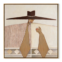 The Long Brown Brim Holds a Small Cup - wide hat woman painting by Marcus Lau, retro modern square wall art – wood frame on white background