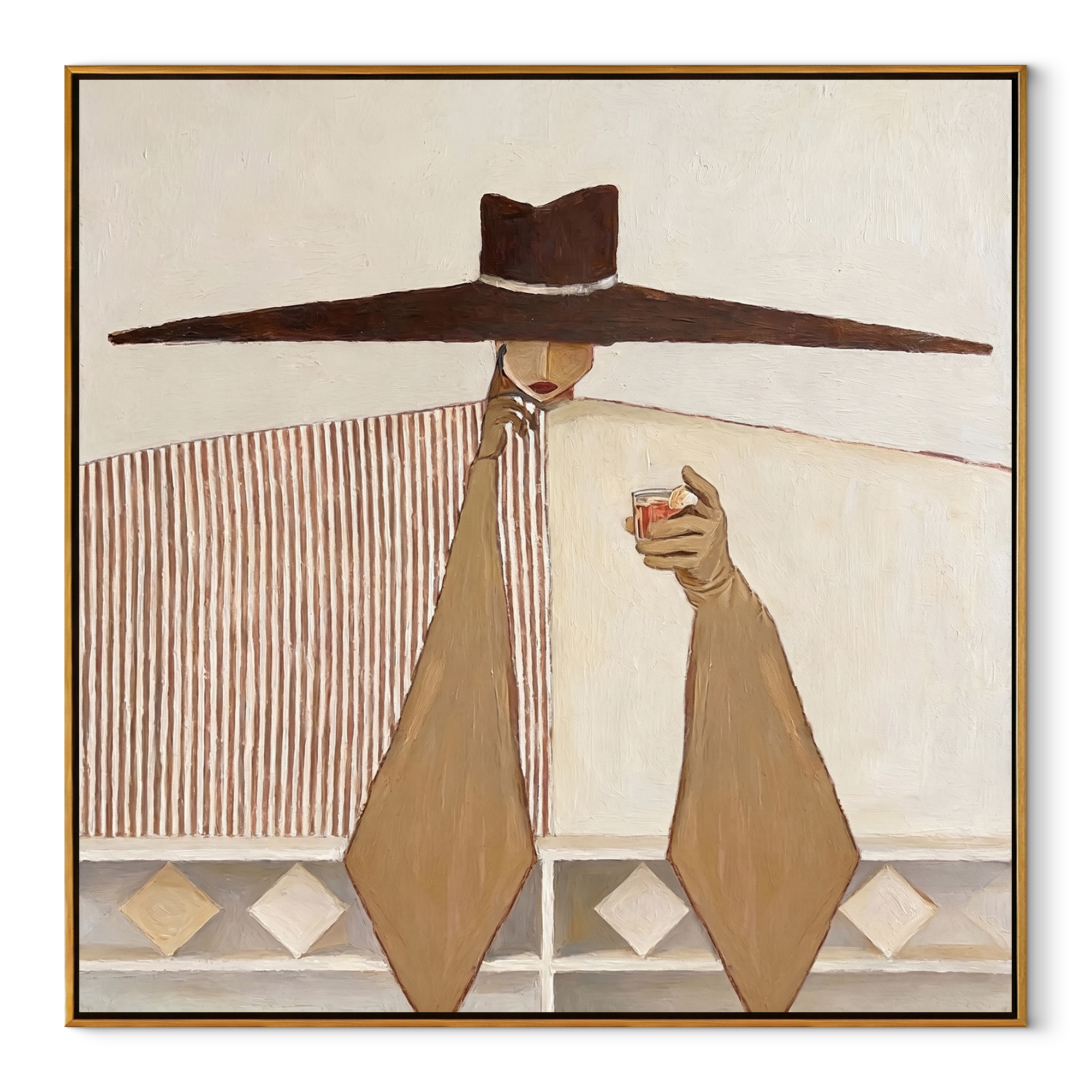 The Long Brown Brim Holds a Small Cup - wide hat woman painting by Marcus Lau, retro modern square wall art – wood frame on white background