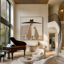 The Long Brown Brim Holds a Small Cup - wide hat woman painting by Marcus Lau, retro modern square wall art – styled room scene view 4