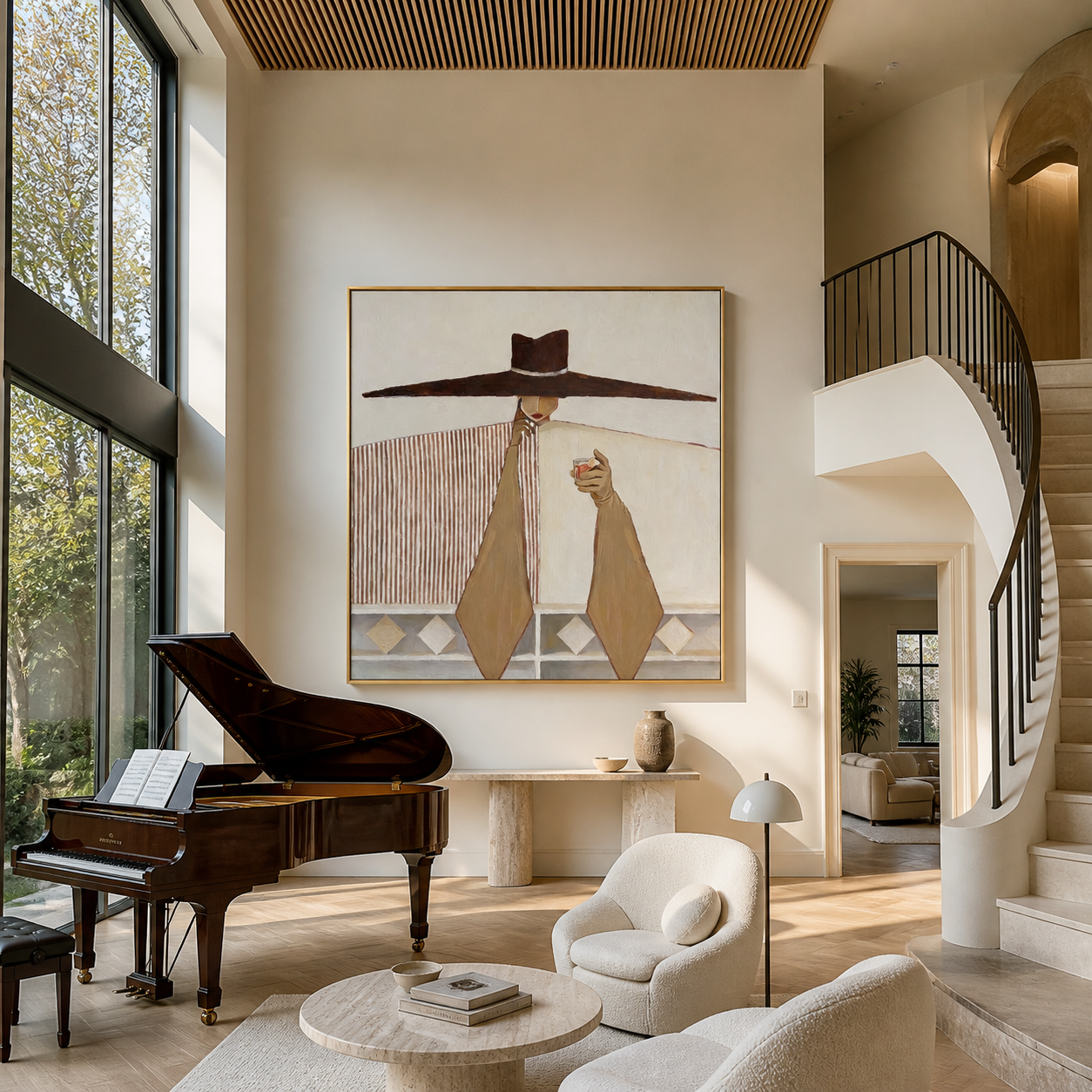 The Long Brown Brim Holds a Small Cup - wide hat woman painting by Marcus Lau, retro modern square wall art – styled room scene view 4