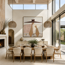 The Long Brown Brim Holds a Small Cup - wide hat woman painting by Marcus Lau, retro modern square wall art – styled room scene view 5