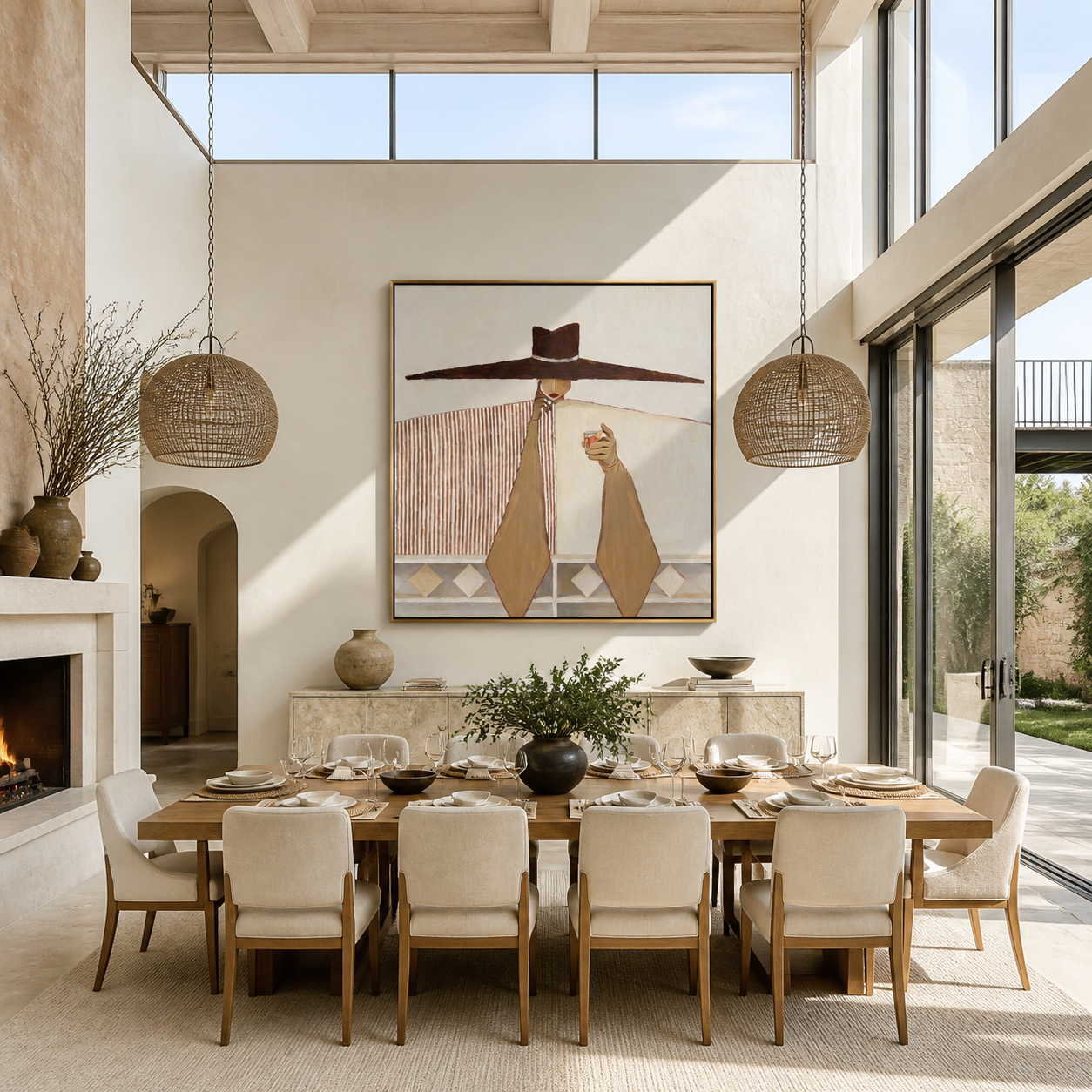The Long Brown Brim Holds a Small Cup - wide hat woman painting by Marcus Lau, retro modern square wall art – styled room scene view 5