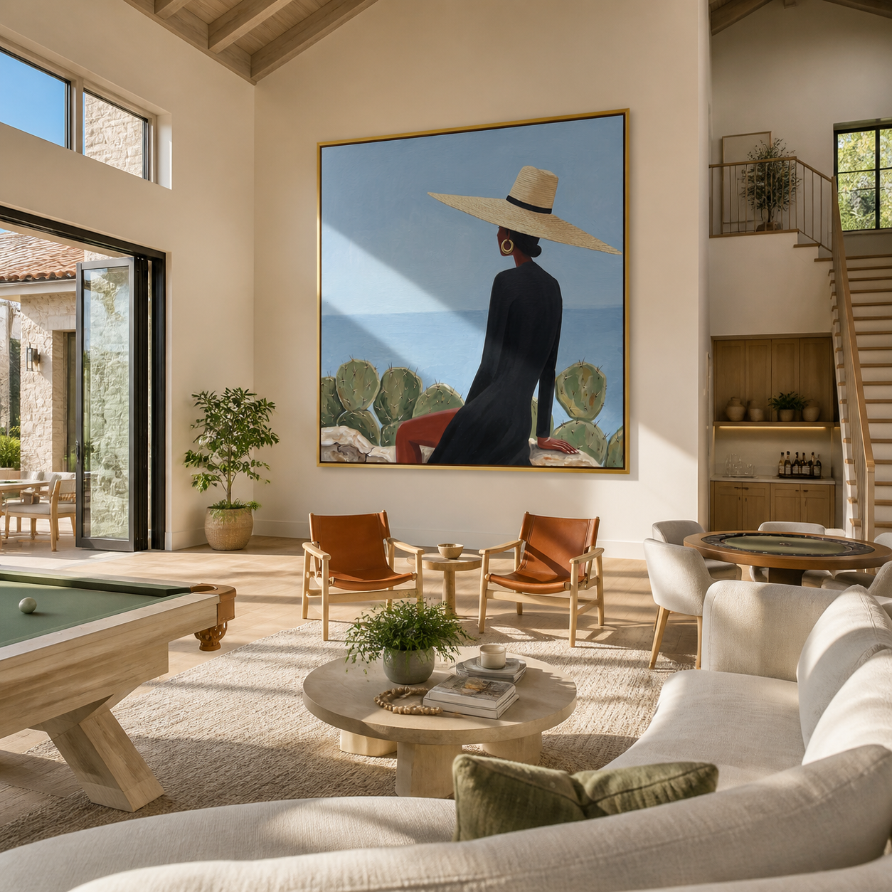 Black Cape Faces the Blue Horizon - coastal fashion woman painting by Marcus Lau, retro modern square wall art – styled room scene view 1