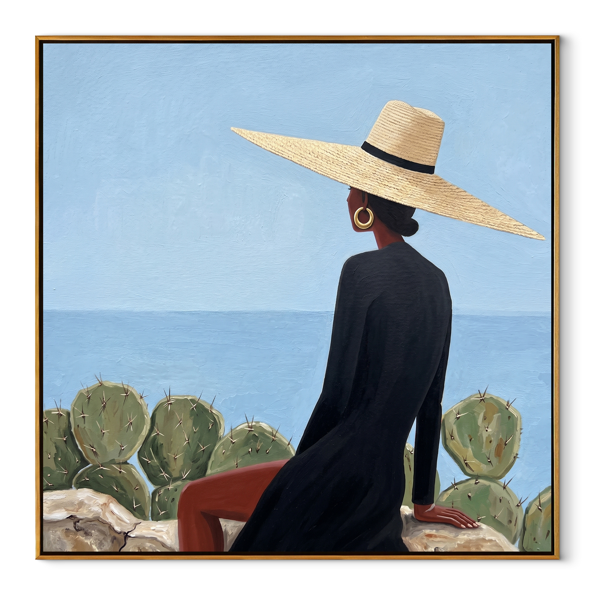 Black Cape Faces the Blue Horizon - coastal fashion woman painting by Marcus Lau, retro modern square wall art – wood frame on white background