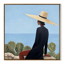 Black Cape Faces the Blue Horizon - coastal fashion woman painting by Marcus Lau, retro modern square wall art – wood frame on white background