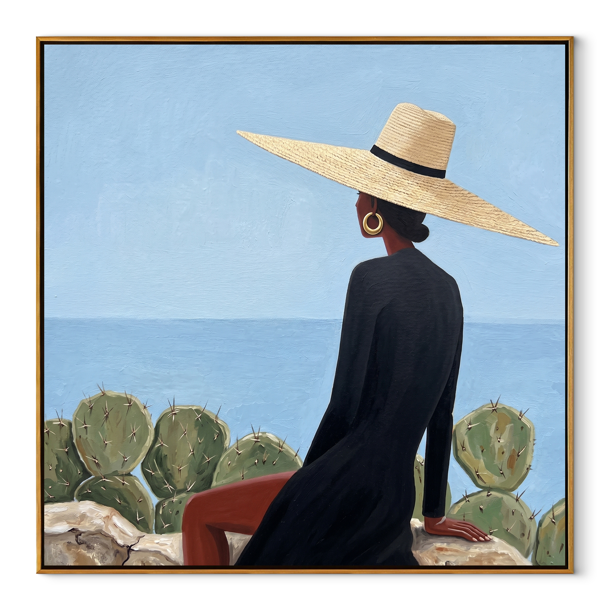 Black Cape Faces the Blue Horizon - coastal fashion woman painting by Marcus Lau, retro modern square wall art – wood frame on white background