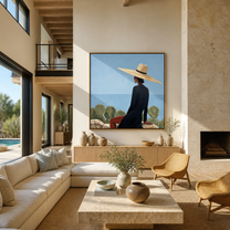 Black Cape Faces the Blue Horizon - coastal fashion woman painting by Marcus Lau, retro modern square wall art – styled room scene view 2