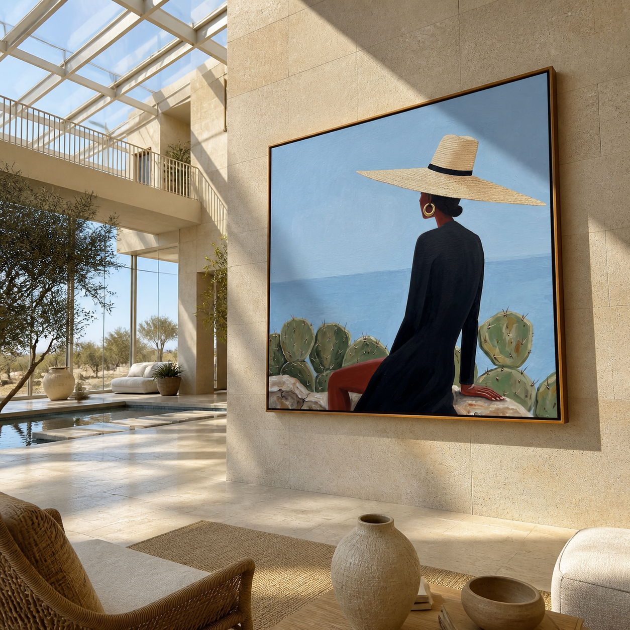 Black Cape Faces the Blue Horizon - coastal fashion woman painting by Marcus Lau, retro modern square wall art – styled room scene view 3