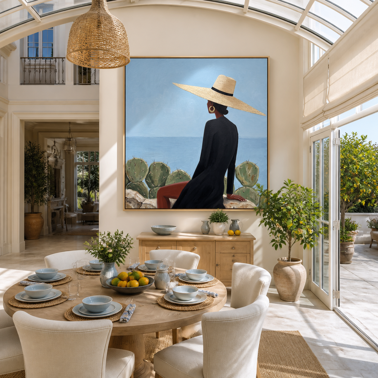 Black Cape Faces the Blue Horizon - coastal fashion woman painting by Marcus Lau, retro modern square wall art – styled room scene view 5