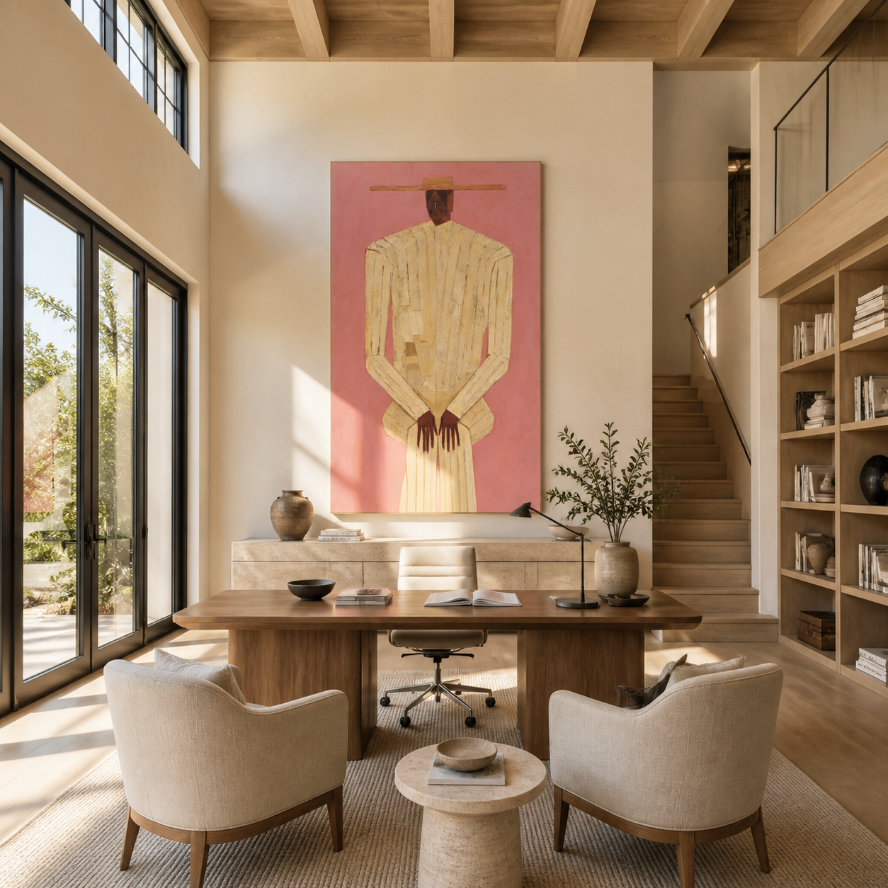 Ivory Stripes Stand against Rose - striped man portrait by Marcus Lau, retro modern vertical wall art – styled room scene view 1