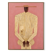 Ivory Stripes Stand against Rose - striped man portrait by Marcus Lau, retro modern vertical wall art – wood frame on white background
