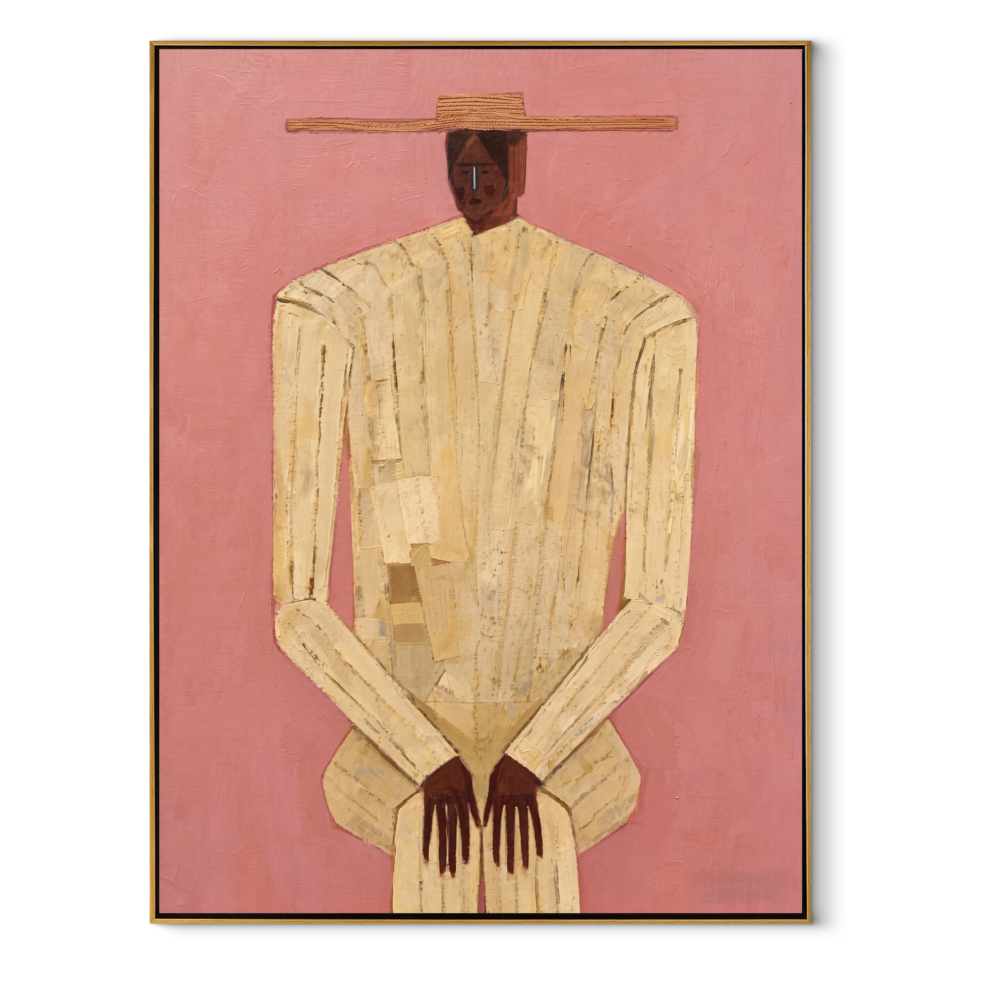 Ivory Stripes Stand against Rose - striped man portrait by Marcus Lau, retro modern vertical wall art – wood frame on white background