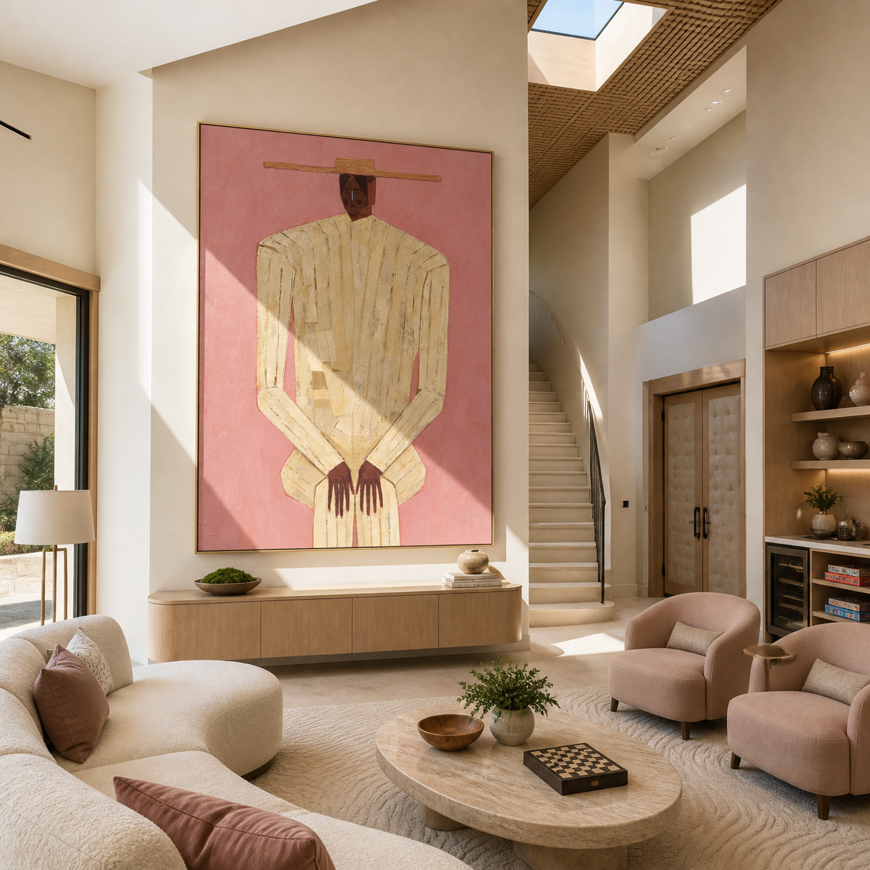 Ivory Stripes Stand against Rose - striped man portrait by Marcus Lau, retro modern vertical wall art – styled room scene view 2