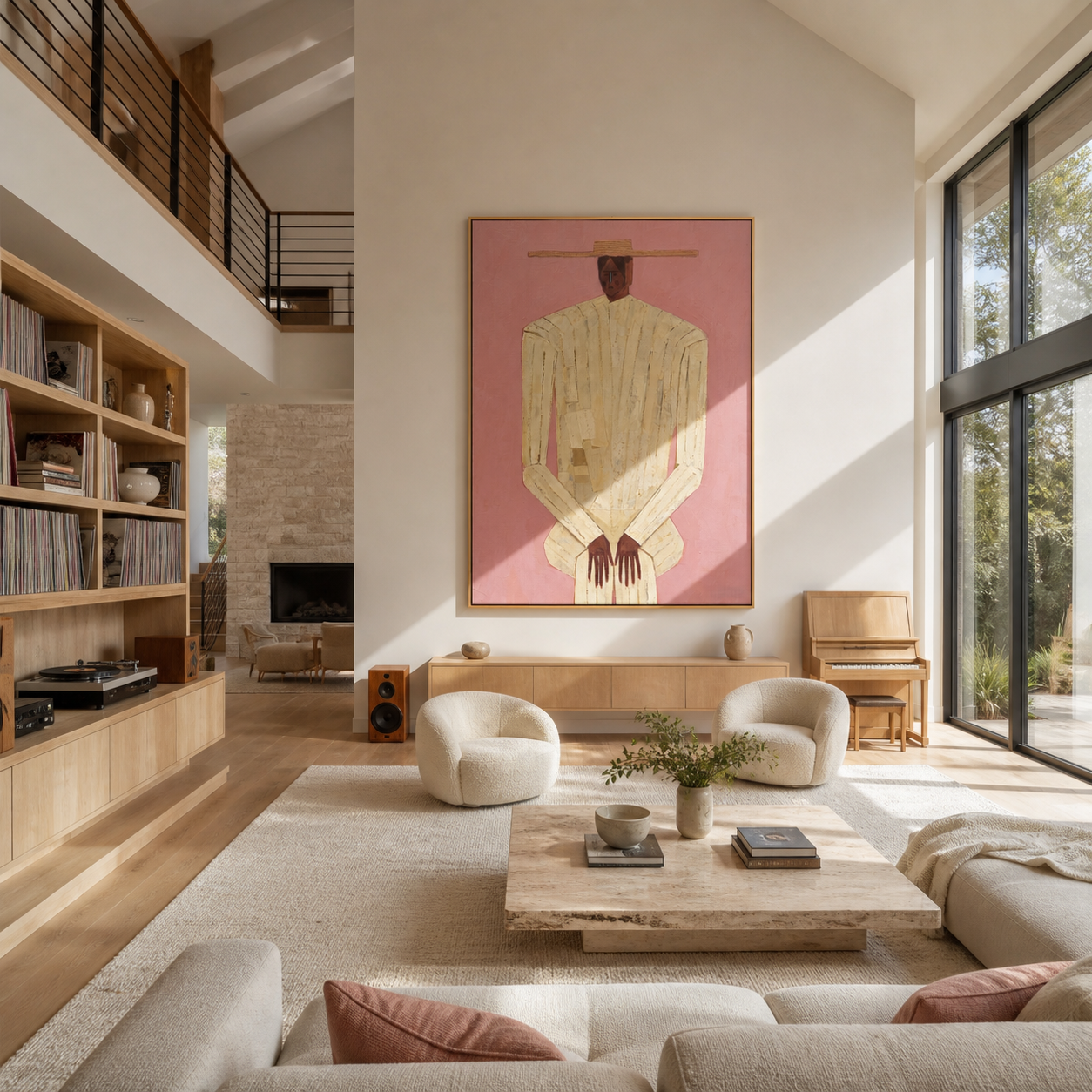 Ivory Stripes Stand against Rose - striped man portrait by Marcus Lau, retro modern vertical wall art – styled room scene view 3