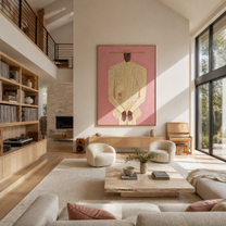 Ivory Stripes Stand against Rose - striped man portrait by Marcus Lau, retro modern vertical wall art – styled room scene view 3